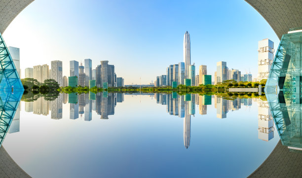 深圳的现代城市天际线和水面倒影图片下载