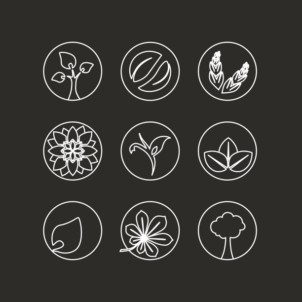 向量白色自然符号-以叶、树、花、小穗为自然抽象元素，生物性有机简单设计于圆圈内素材图片