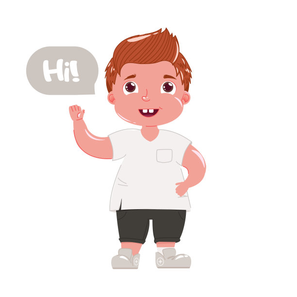红头发的男孩向你问好。穿着现代服装的孩子礼貌地向他打招呼图片下载