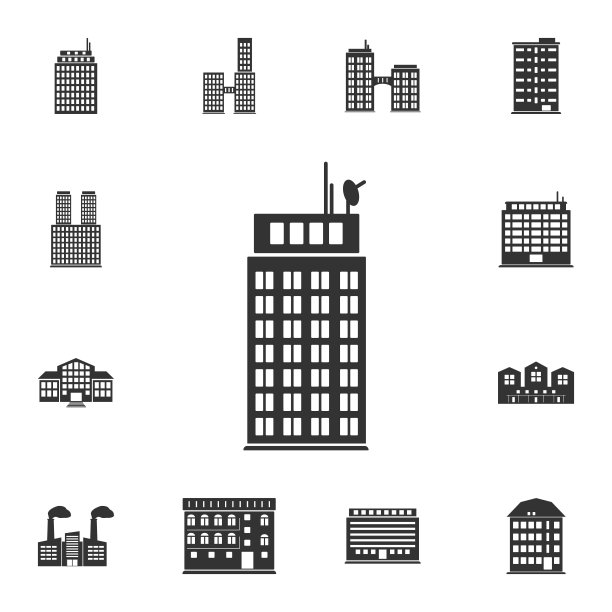 摩天大楼的建筑图标。简单元素说明。摩天大楼建筑符号设计来自建筑集合集。可用于网络和手机图片下载