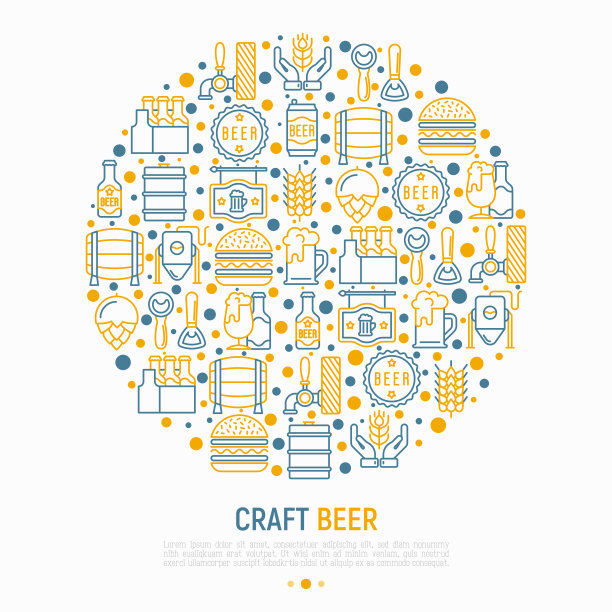 精酿啤酒概念在圆圈与细线图标有关的十月啤酒节:啤酒包装，啤酒花，小麦，开瓶器，制造，酿造，郁金香玻璃，罐头。现代矢量插图印刷媒体。图片下载