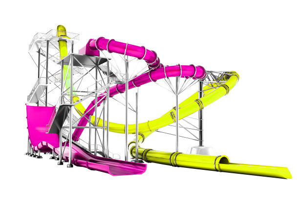 现代的紫色和黄色水上滑梯为水上公园3d渲染在白色的背景上没有阴影图片下载