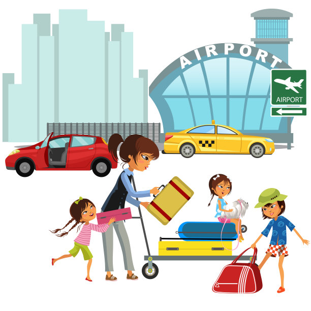 家庭妇女和女孩在出租车上等待转机到机场。妈妈带着三个孩子推着手推车，带着行李在城市街道附近的红色小车矢量插画图片下载