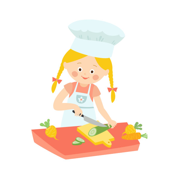 小女孩在围裙做饭，切，切片黄瓜沙拉，卡通矢量插图孤立在白色的背景。卡通女孩切黄瓜，帮妈妈做饭。图片下载