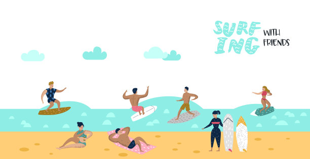 人物冲浪在海滩海报，横幅，小册子。男女卡通冲浪者。水上运动的概念。矢量图图片下载