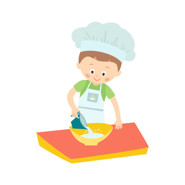 小男孩在做馅饼，煎饼。小厨师。矢量手绘eps 10剪贴艺术插图孤立的白色背景。图片下载