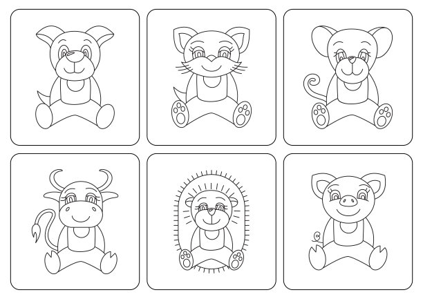 孩子彩色书。动物:老鼠;狗;猪;猫;鼠标;牛;牛;公牛。矢量线说明图片下载