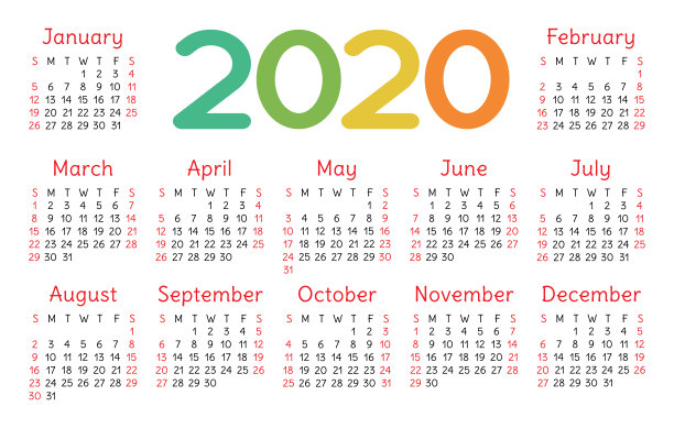 五彩缤纷的2020年日历。聪明、有趣,可爱。一周从周日开始。五花八门，五颜六色的现成设计图片下载