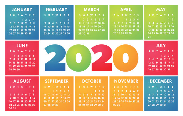 五彩缤纷的2020年日历。聪明、有趣,可爱。一周从周日开始。五花八门，五颜六色的现成设计图片下载