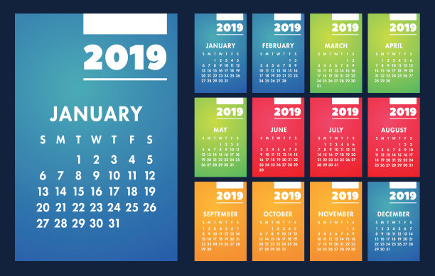 2019年日历。色彩鲜艳，明亮，可爱。一周从周日开始。五颜六色的好设计图片下载