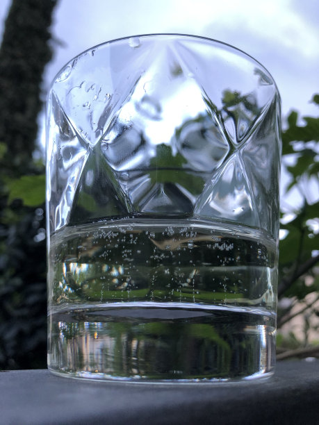 玻璃与波光粼粼的水休息在阳台栏杆和绿色植物的背景图片下载