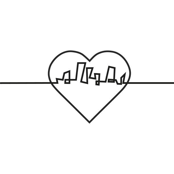 剪影的城市和心和爱在连续的画线在一个扁平的风格。现代城市景观。矢量插图。城市摩天大楼大楼办公地平线。连续画线图片下载