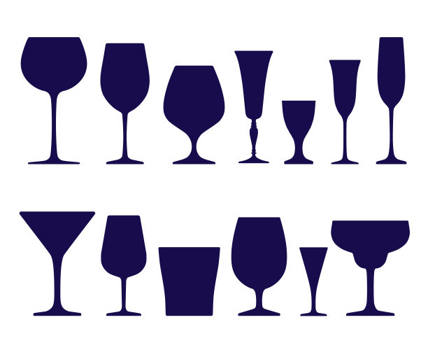 一套葡萄酒杯和眼镜图标的深蓝色孤立在白色的背景图片下载