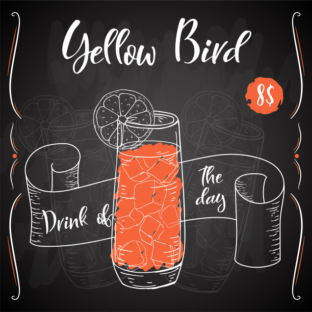 向量在海报西湖。鸡尾酒黄鸟餐厅和咖啡馆。手绘插图图片下载