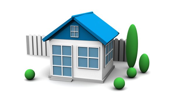 白色背景上的蓝色房子和花园。三维渲染图片下载