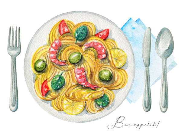 水彩糊在盘子，餐具和餐巾上图片下载