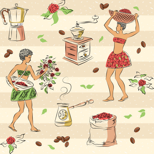 彩色图形绘制，无缝图案，种植和收获咖啡豆的过程，以及咖啡属性。妇女们在篮子里摘豆子。矢量插图，孤立的背景。图片下载