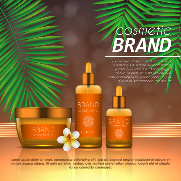 抽象橙色背景上的夏日防晒化妆品设计模板，异国情调的棕榈叶。逼真的防晒霜产品广告。图片下载