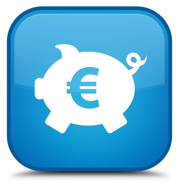 存钱罐欧元符号图标青蓝色方形按钮图片下载