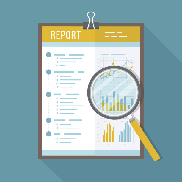 商业报告，带放大镜的纸质文件。带有长阴影的孤立图标。在纸上画图表。会计、分析、研究、规划、审计、报告、管理。图片下载