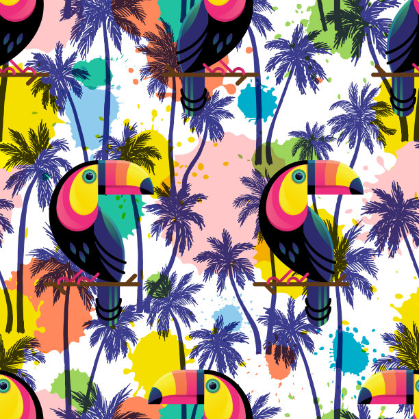 巨嘴鸟植物无缝图案矢量素材图片下载