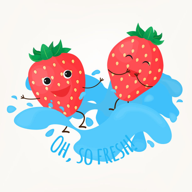 矢量插图与卡通微笑草莓在水和字母“哦，如此新鲜!”图片下载