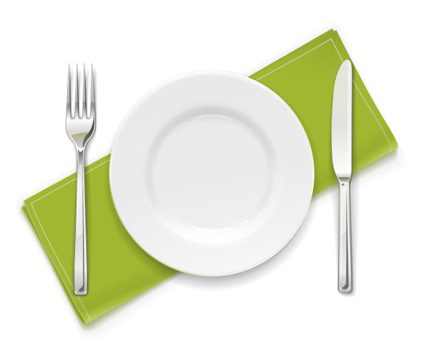 盘子，叉子和刀。一套餐具。图片下载