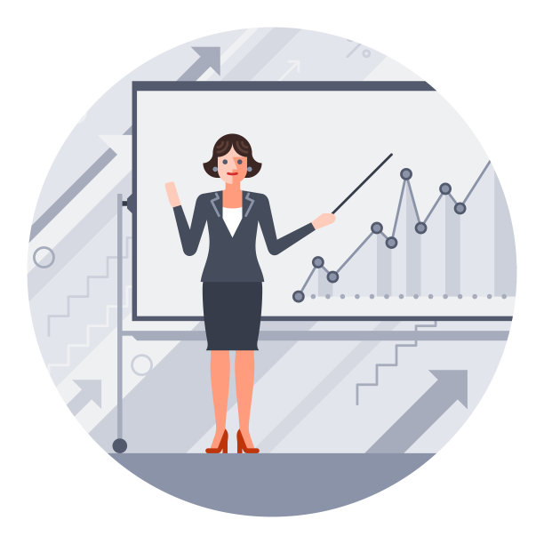 女商人与一个指针和一个标记板与图表。圆矢量插图。图片下载
