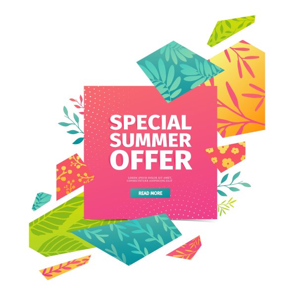 摘要横幅设计夏季销售。几何三角形六边形与图案的树叶，树枝，草本植物和花卉夏季装饰提供广告。现代海报模板。向量图片下载