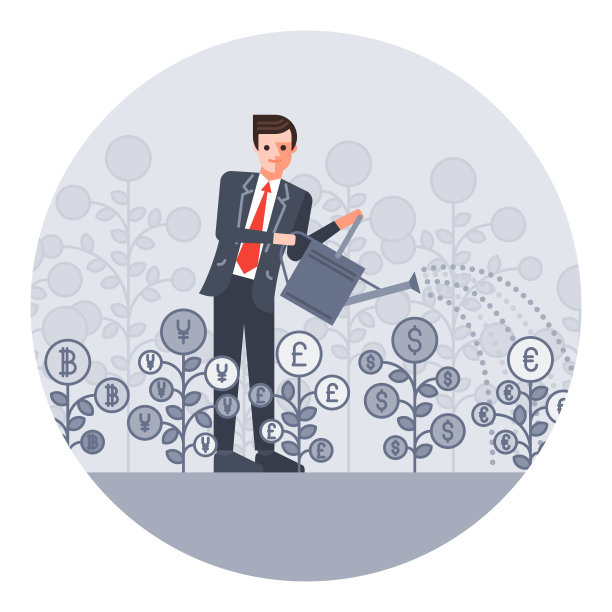 商人从装着不同货币的洒壶里倒出来。圆矢量插图。图片下载