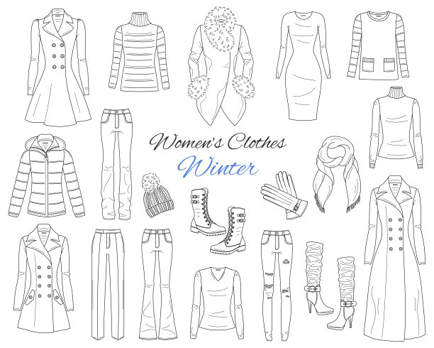女人的衣服收藏。冬天的衣服。向量草图说明图片下载