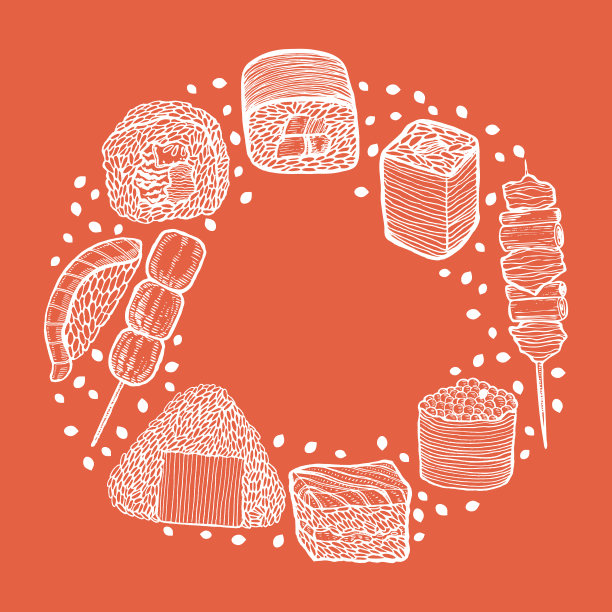 圆构图与日本食物手绘风格图片下载