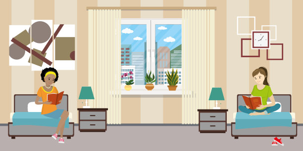 宿舍里的卡通少女女生。女孩的角色图片下载