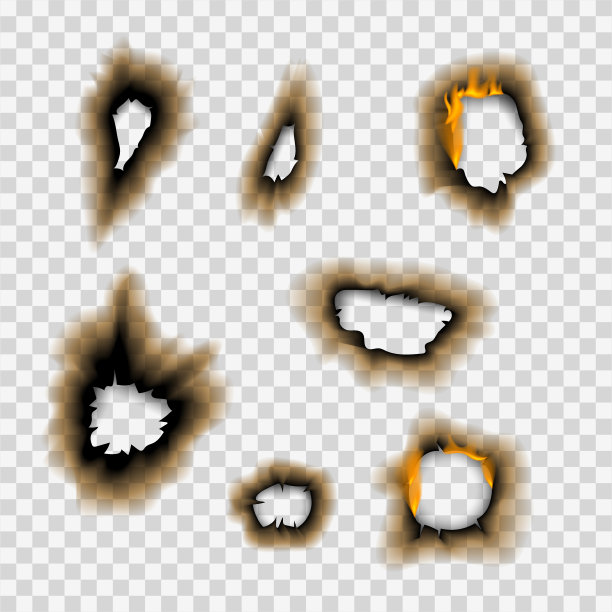 烧焦的片烧焦褪色的纸洞逼真的火火焰孤立的页纸撕裂的灰烬矢量插图图片下载