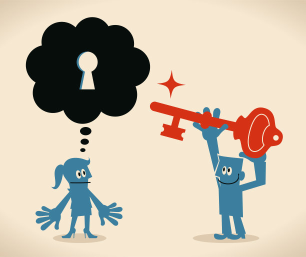 生意人拿着钥匙打开生意人的头脑，用钥匙孔想泡泡，看看别人怎么想图片下载