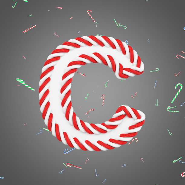 假日字母大写字母C。薄荷条纹拐杖糖做成的圣诞字体。3 d渲染。图片下载