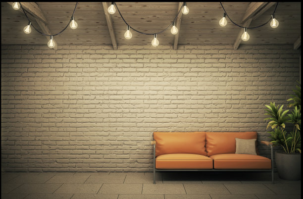 目前以砖墙为背景和装饰照明。3 d插画家图片下载