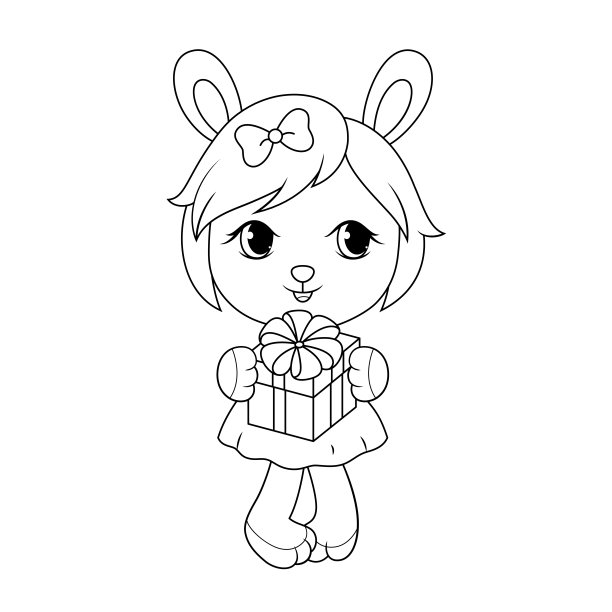可爱的兔宝宝女孩穿着衣服，拿着礼盒。成人着色页面。图片下载