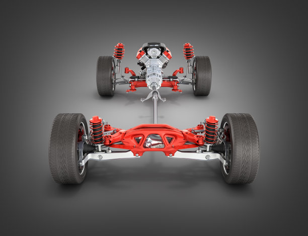 悬挂的汽车与车轮和发动机起落架在黑色的背景3d细节隔离图片下载