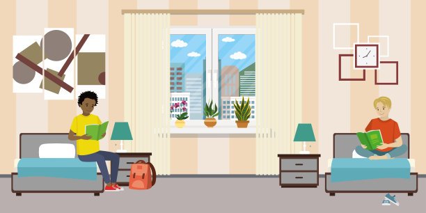 宿舍里的卡通少年男生。图片下载