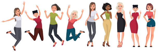 不同女人的矢量图。穿着便服的长发女孩，年轻的黑人妇女，穿着黑色连衣裙的金发妇女，中国妇女。卡通现实的人。平坦的年轻女子。前视图图片下载