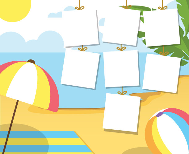 照片夏日沙滩上的时光。棕榈树和周围的植物。卡通矢量插图。暑假在海边图片下载