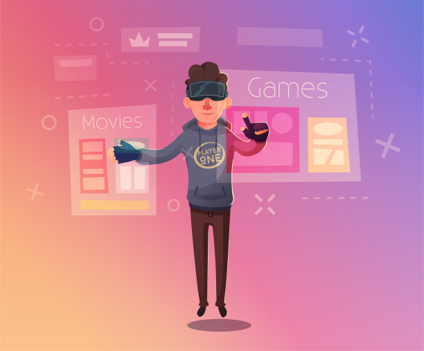 角色佩戴虚拟现实数字眼镜。卡通矢量图图片下载