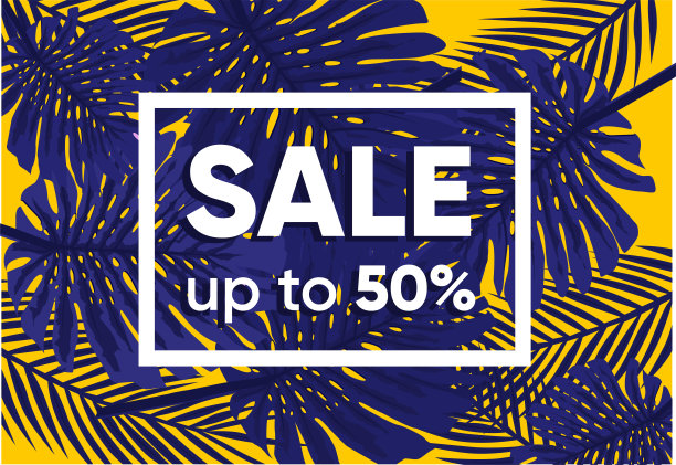 夏季销售旗帜与异国情调的丛林植物，热带情调的棕榈叶在紫色的背景。折扣设计背景与丛林棕榈叶。自然的壁纸。图片下载
