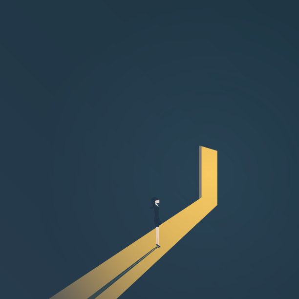 商业寻找解决方案向量的概念与女商人站在黑暗中，光从门出来。希望的象征，隧道尽头的光明图片下载