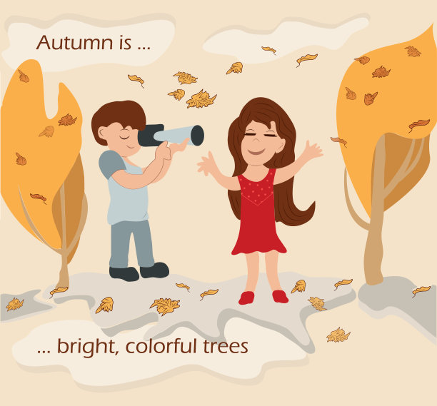 快乐的男孩和美丽的女孩在秋天的树木和黄叶之间图片下载