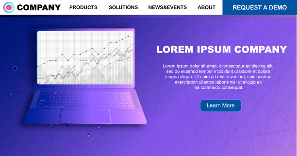 网站UI模板，登陆页设计，矢量插图。现实的笔记本电脑与经济图形前视图，时尚的颜色，菜单和文本空间。图片下载