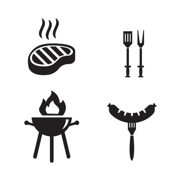 烧烤烧烤矢量图标设置，牛排，叉子，烧烤与火和香肠图标图片下载