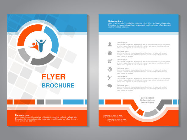 向量现代宣传册，抽象传单与简单的平方设计。布局模板。A4尺寸的高宽比。蓝色，橙色，灰色和白色的海报。杂志封面有人类符号。图片下载