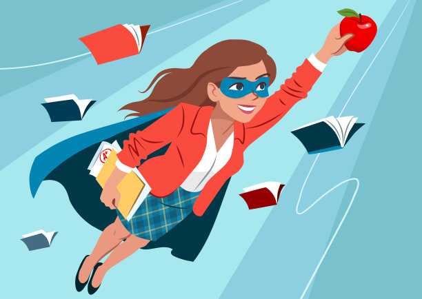 年轻女子穿着斗篷和面具，摆着超级英雄的姿势在空中飞翔，看起来自信而快乐，手里拿着一个苹果和一个文件夹，还有打开的书。教师、学生、教育学习理念素材图片